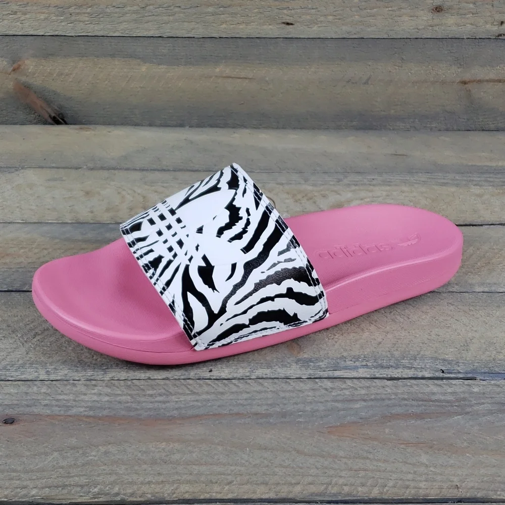 adidas Women's Adilette Comfort Slide Sandals Rose Tone Black/White Zebra Print